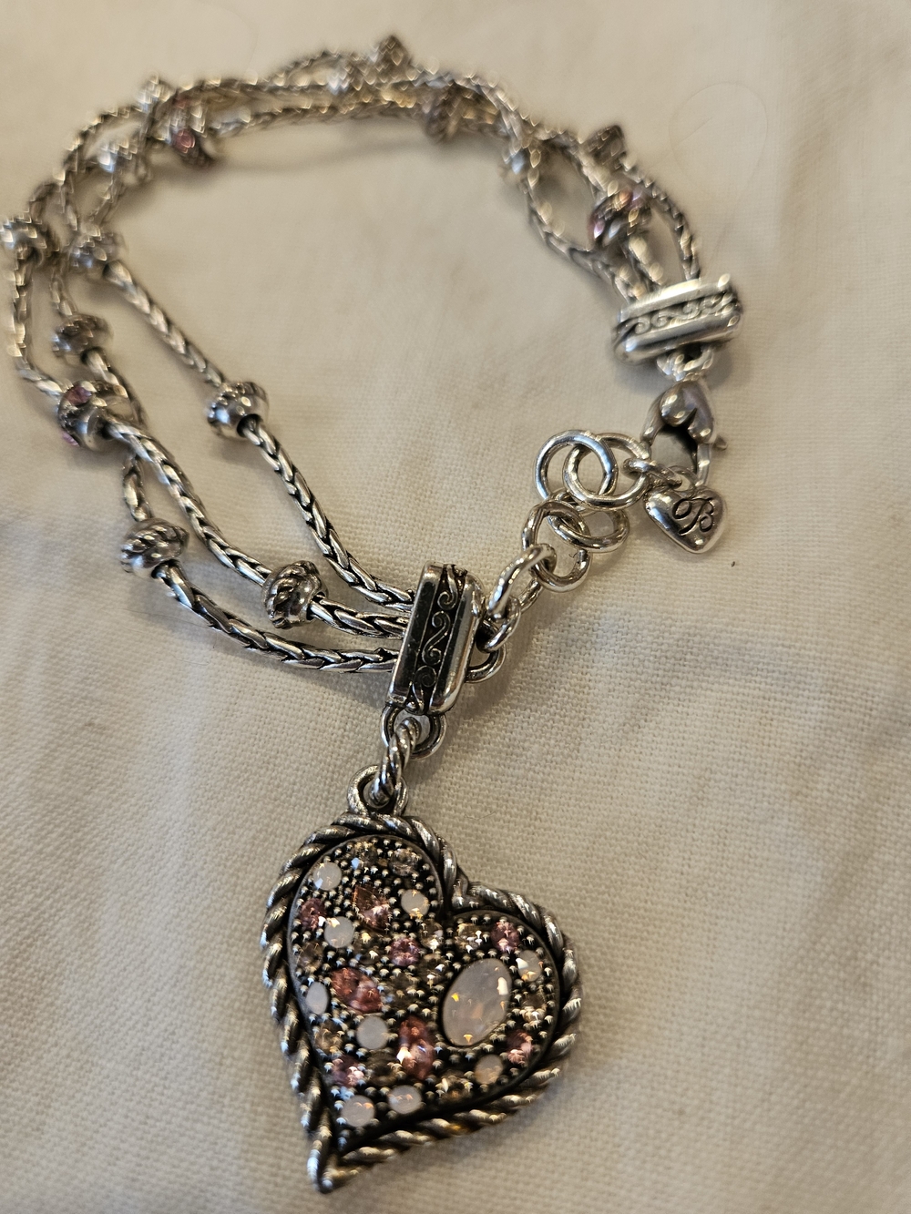 Retired Silver Heart Pendant Bracelet with Pink and White Gem Accents